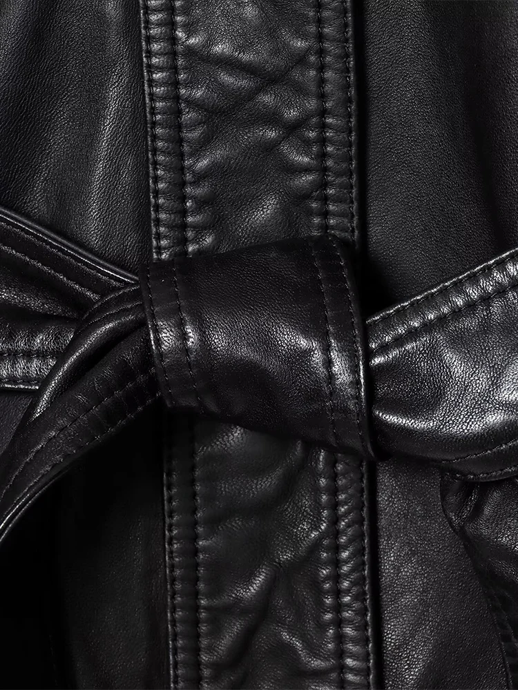 Estilo europeu novo feminino elegante e versátil cor sólida lapela manga comprida jaqueta de couro com cinto curto.