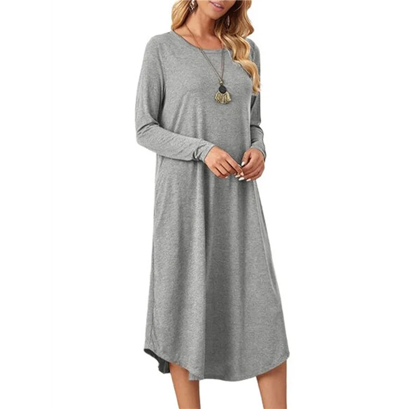 

A30F-Женская длинная пижама с длинными рукавами и круглым вырезом с карманами