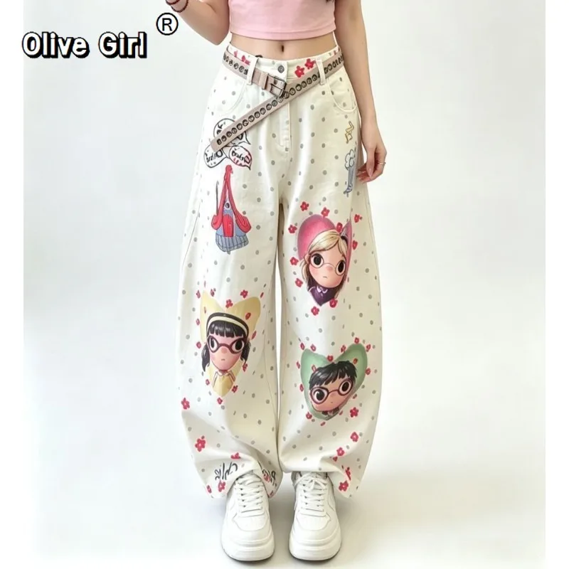 Olivegirl Ladies' Jeans American Retro Sweet Painted Polka Dot Women's Pant Curved Moon Slim Straight Leg Floor Length Trousers