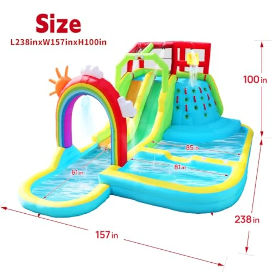 Inflatable Water Double Slides Park for Outdoor Use PVC Material Rainbow Color Includes Blower Shooting Game Rock Climbing and