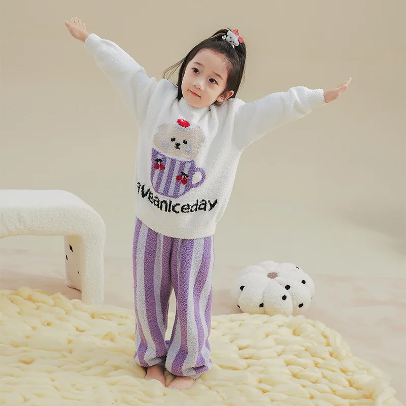 Children's Pajama Sets Bear Tops + Stripes Pants 2Pcs Kids Pajamas Winter Girl Sets 2 To 6Years Children Clothes Sleepwear