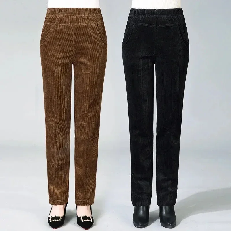 Spring Elastic High Waist Straight Trousers Women Classic Black Pantalones De Mujer Mother\'s Casual Brown Corduroy Pants N256