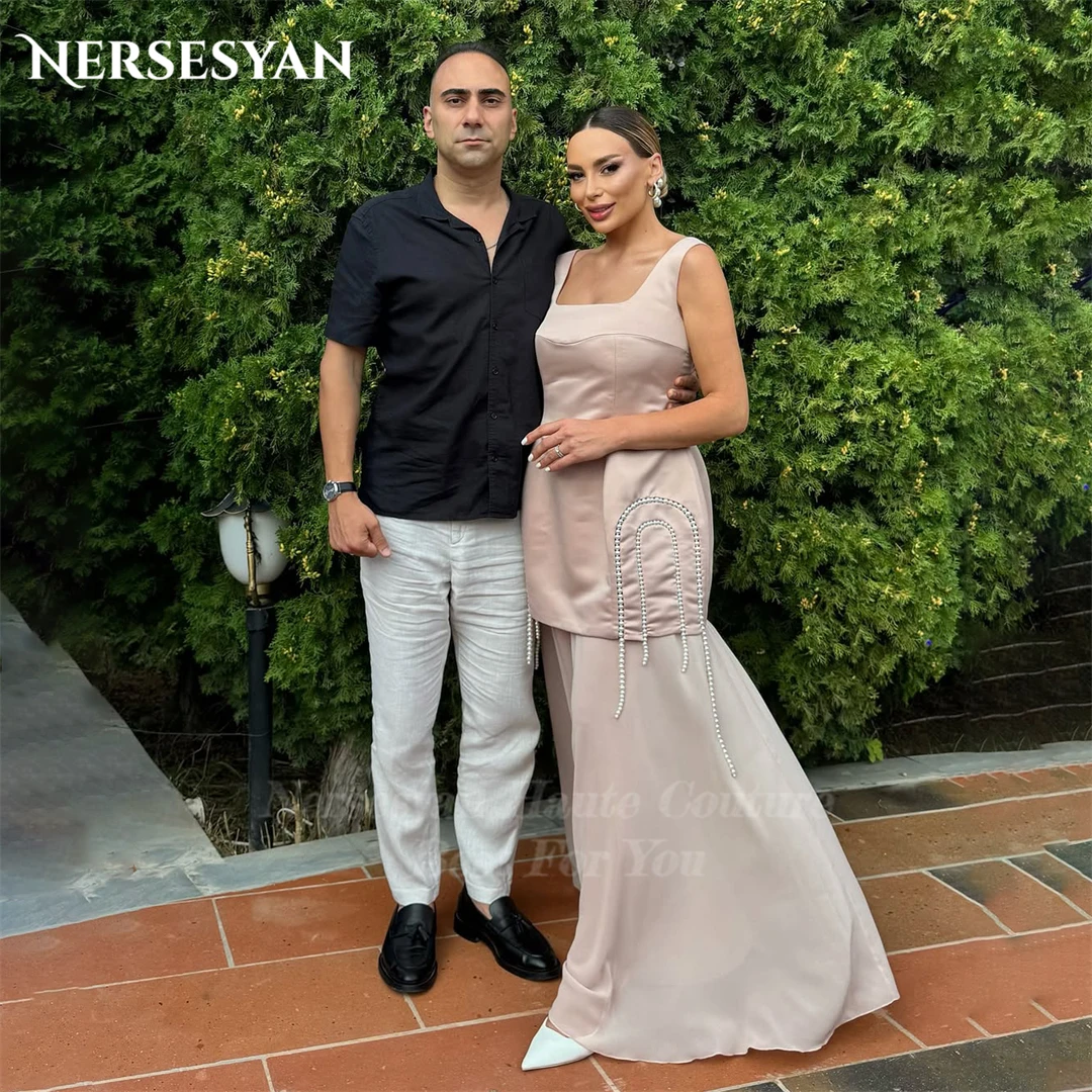 

Nersesyan Румяно-розовые элегантные платья для выпускного вечера с квадратным воротником и жемчугом Атласное вечернее платье Иллюзия Гостевые вечерние платья по индивидуальному заказу