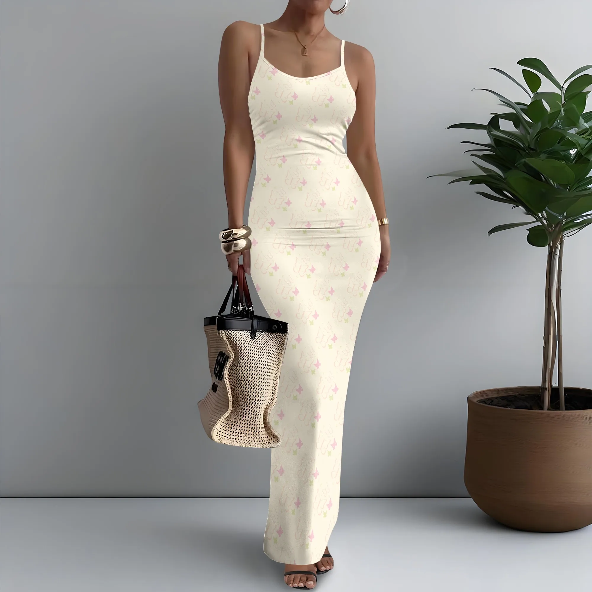 

Women's Spaghetti Strap Maxi Dress Tropical Butterfly Print Vibrant XS-3XL