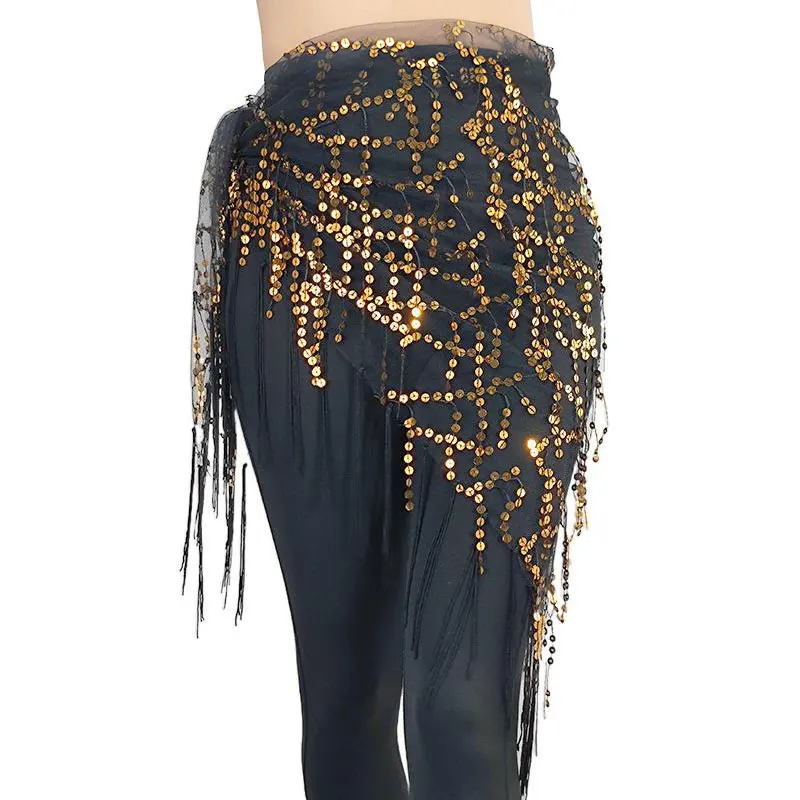 Mesh Sequins Belly Dance Hip Scarf Folk Dancing Halloween Costume Tribal Tassel Dancewear Wrap Belt Skir Waist Chain Stage Suit