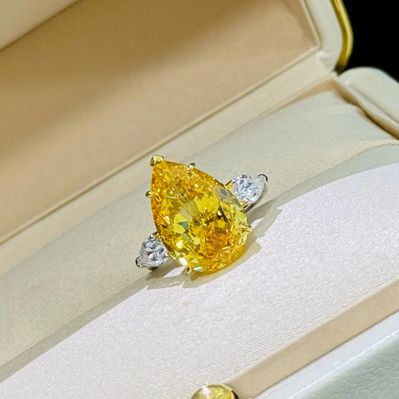 S925Sterling Silver Exquisite High-Grade Bright Cutting Process4Carat Water Drop Pear-Shaped Artificial Diamond Yellow Diamond R