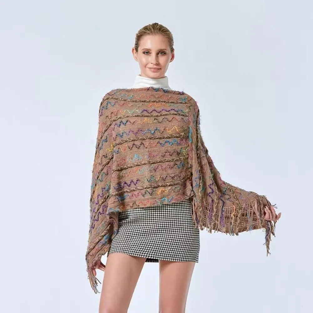 Trendy Ethnic Style Knitted Pullover Shawl Winter Warm Elegant Stripe Tassel Shawl Mongolian Poncho Women Fashion