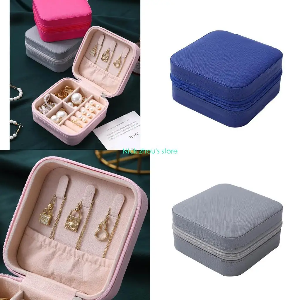 E15E Jewelry Earrings Necklace Ring Display Storage Box for Women Zipper Cases with Mirror PU Leathers Travel Boxes