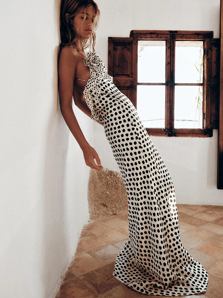 

Summer Sexy Backless Print Dots Flower Women Maxi Dress Spaghetti Strap Evening Dress Autumn Skinny Elegant Party Clubwear