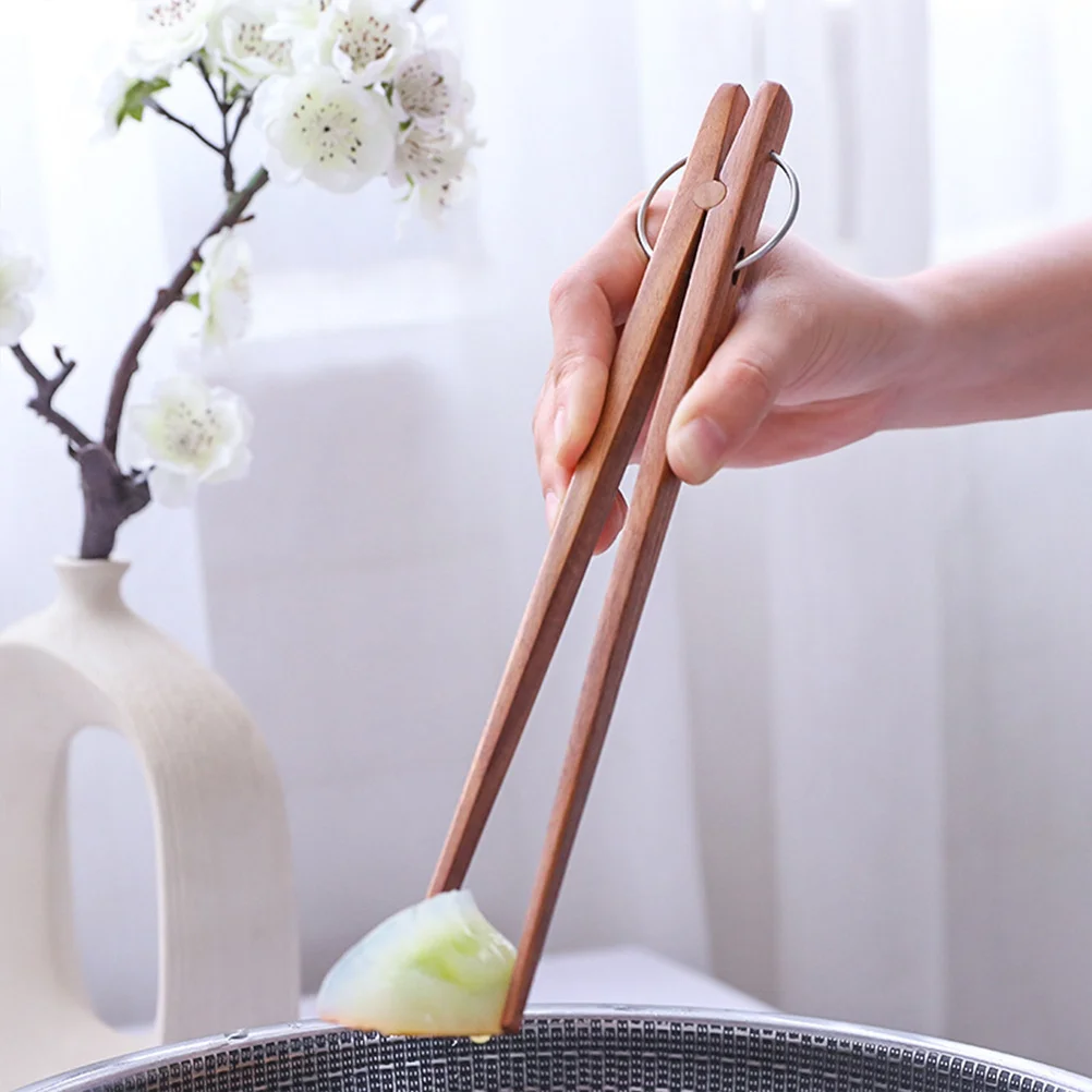 

1Pcs Wooden Kitchen Tongs Food Bread Toast Dessert Barbecue Heat Resistant Flexible Stainless Steel Ring Safe Eco Friendly