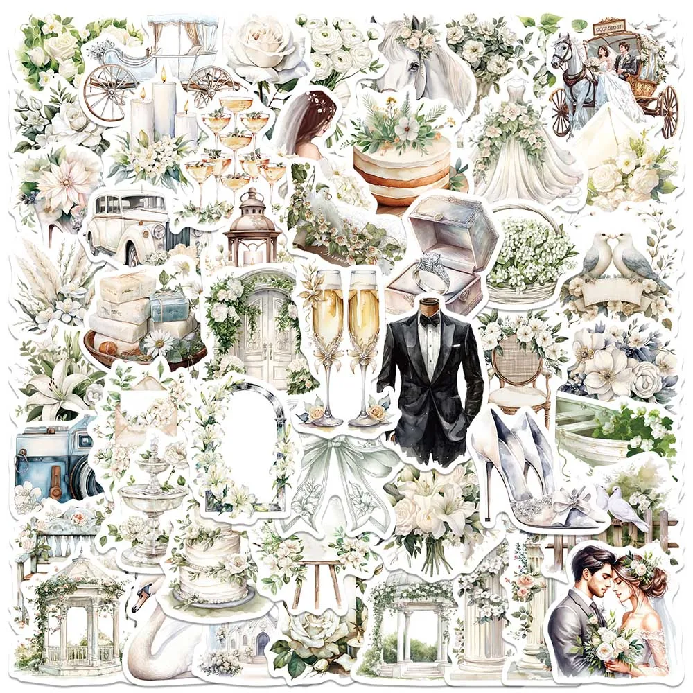 

50 шт., винтажные белые свадебные цветочные наклейки, элегантные ботанические наклейки для скрапбукинга, пригласительных открыток, декора для фотоальбомов