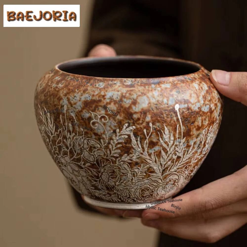450ml Aesthetic Old Rock Mud Jianshui Gilding Silver Flowers Tea Wash Bowl Writing-brush Washer Chaxi Accessories Decoration