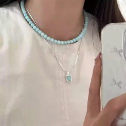 PANJBJ 925 Sterling Silver Mint Green Stone Necklace for Women Geometry Block Sweet Design Special Jewelry Gift Dropshipping