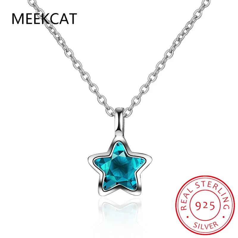 Star Created Blue Sapphire 925 Sterling Silver Blue Crystal Pentagram Pendant Necklace for Woman Fine Jewelry Colar de Prata