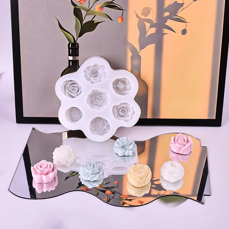 7-in-1-Blumen-Silikonformen zum Backen von 3D-Rosen und Pfingstrosen, Schokoladenkuchen, handgefertigten Kerzen, Seifen und Kunsthandwerk aus Gipsharz