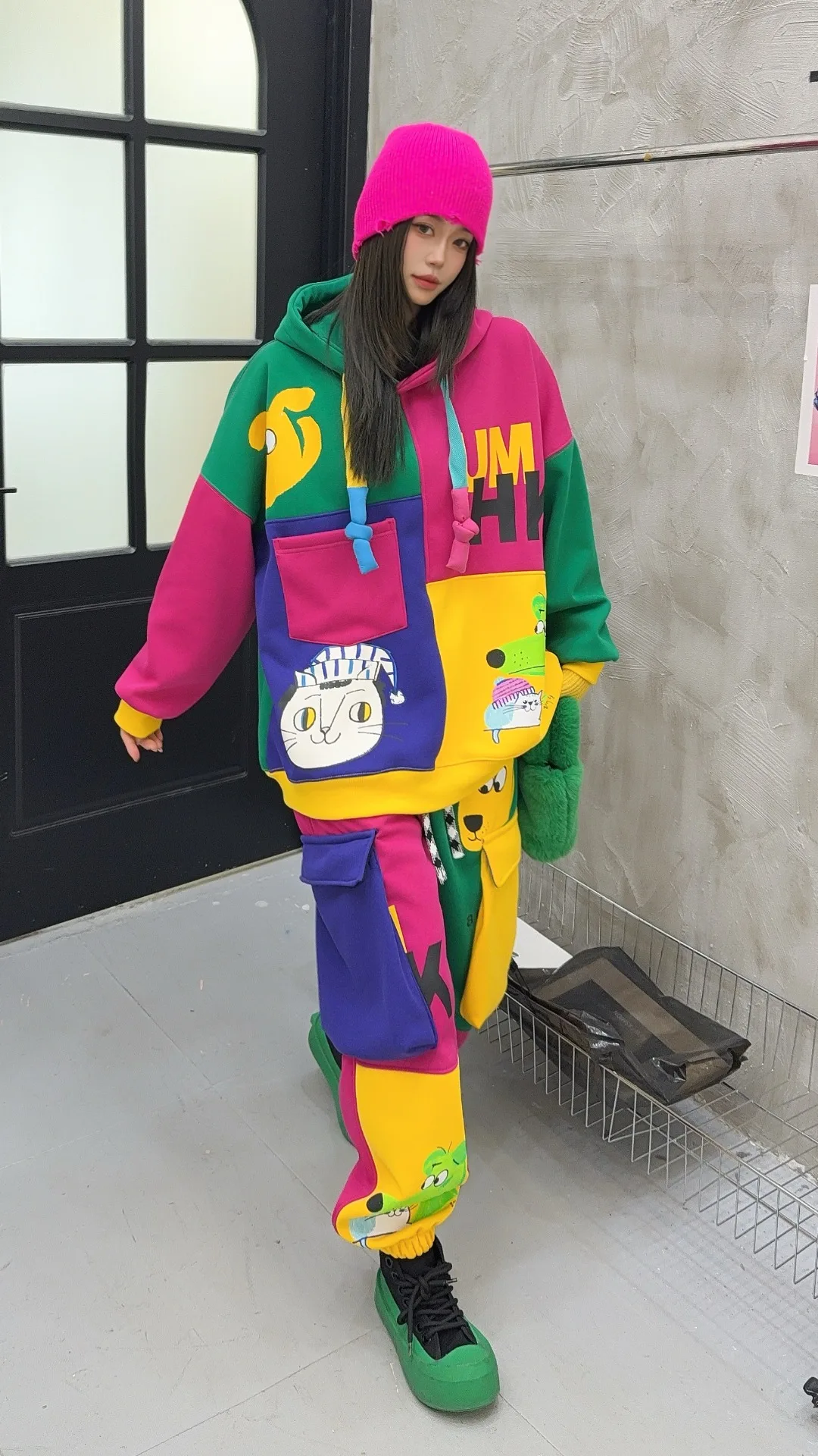 Multicolour Patchwork Hooded Sweatshirt and Sweatpants 2 Pieces Sets Women Outfits Casual Oversized Cargo Pants Sets Y2k Bust132