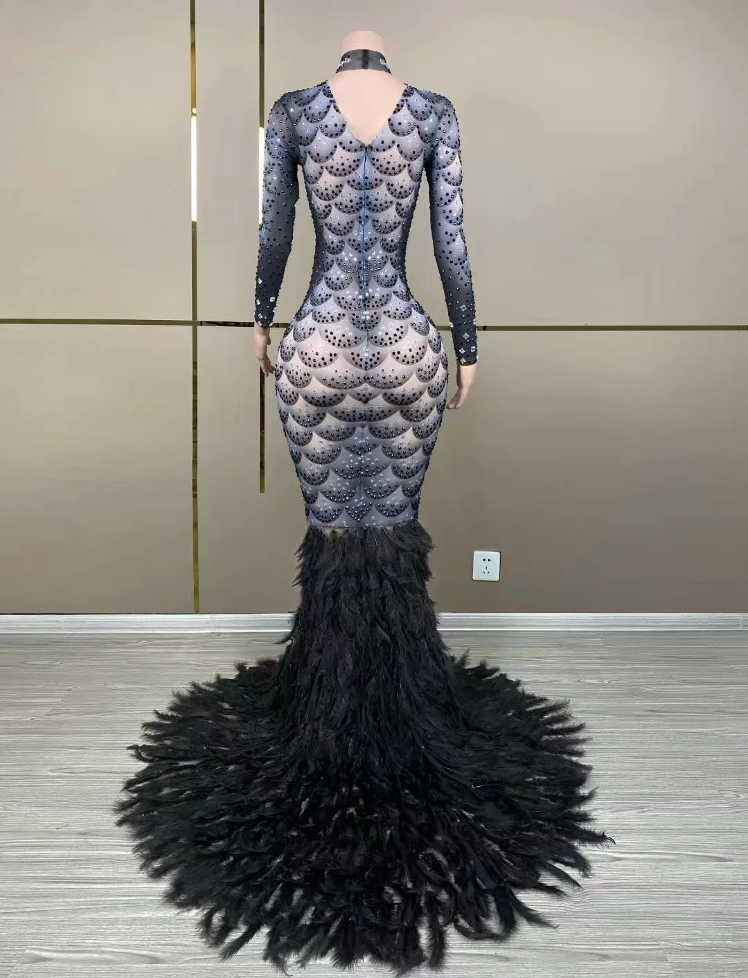 Vestido ajustado de encaje con rayas de plumas, manga larga, personalizado, Sexy, fiesta de cumpleaños, actuación, nuevo, 2023