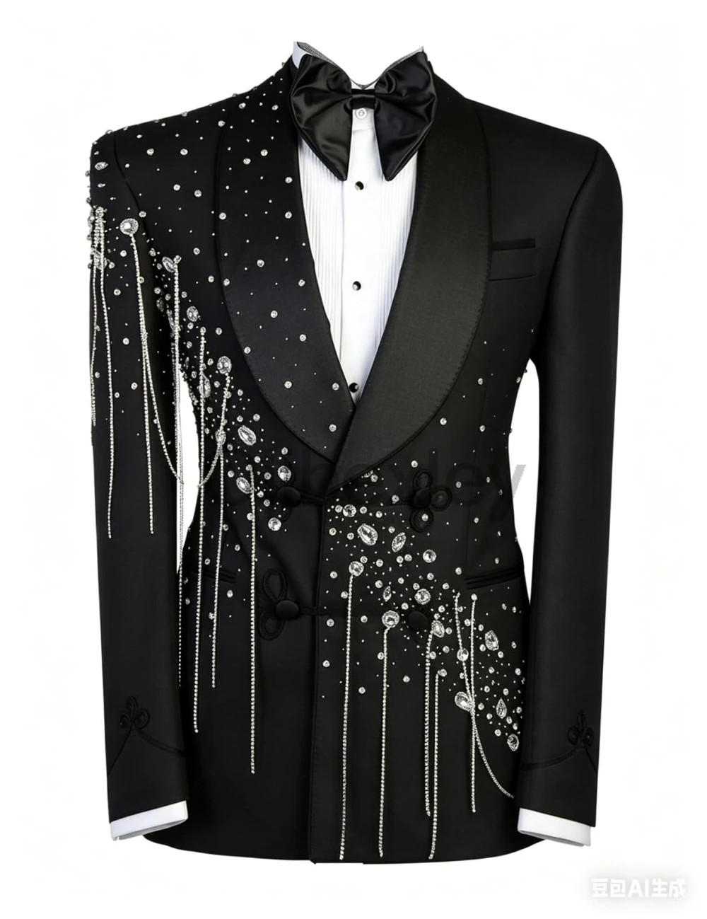 Olibexley Luxury 2 Piece Men's Tuxedo Suit Sliver Rhinestone Double Breasted Slim Fit Shawl Lapel Blazer Pant Customized S369