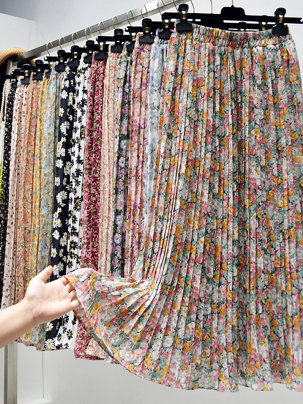 High Waist Floral A-Line Pleated Beach Skirt Chiffon Gauze Casual Street Sle Women's Skirt Summer Spring Seasonal Wear