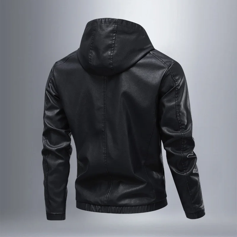 

Mens Fashion Hooded Leather Jacket Men Slim Fit Stand Collar PU Leather Jacket Male Anti-wind Motorcycle Zipper Faux Jackets