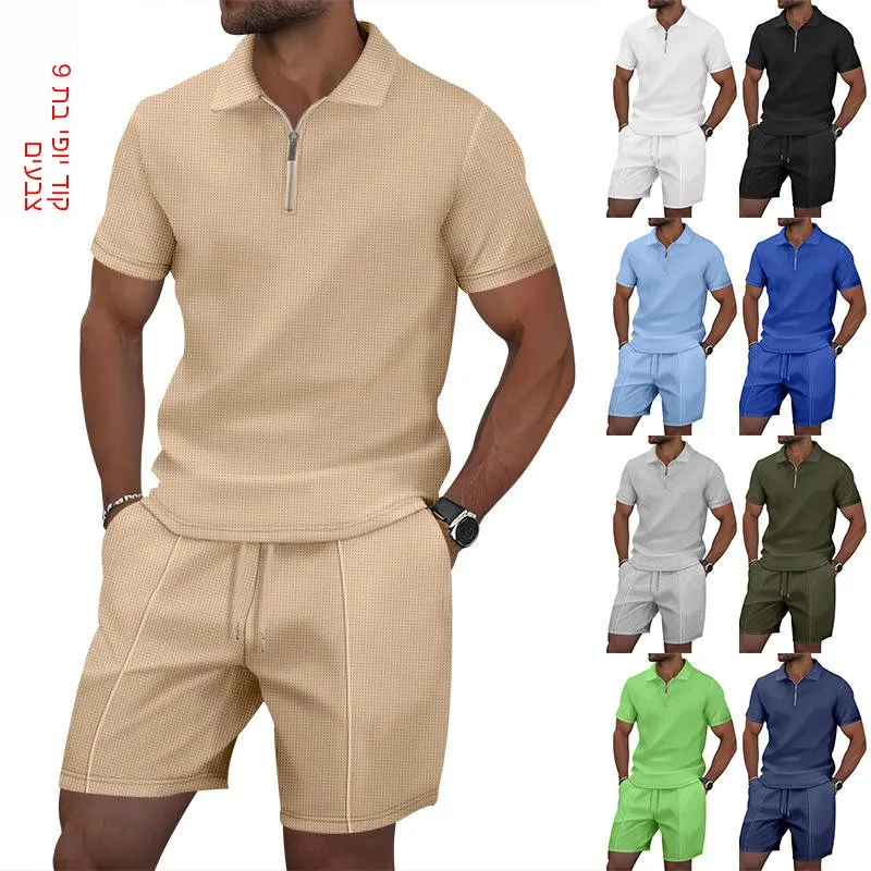 

Summer Men's Zipper Pure Color Collared Short Sleeve T-Shirt Shorts Casual Set YFY23098 Comfortable Breathable Lightweight