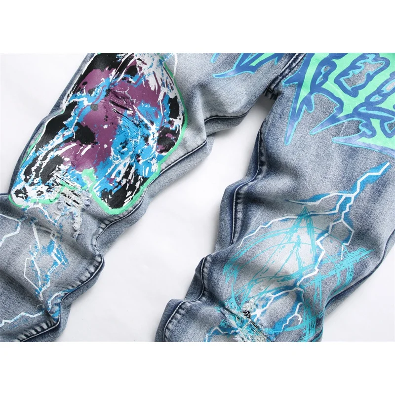 High street fashionable vintage print jeans men's slim fit skinny personality punk style nostalgic handsome motorcycle trousers