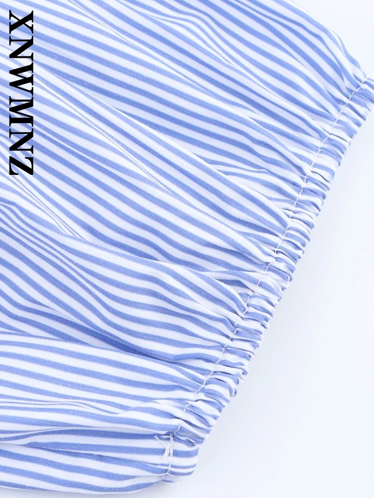 XNWMNZ 2025 Summer New Lady Holiday boho Square Collar midi Dresses Chic Fashion Women Clothing Blue Short Sleeve Pleated dress