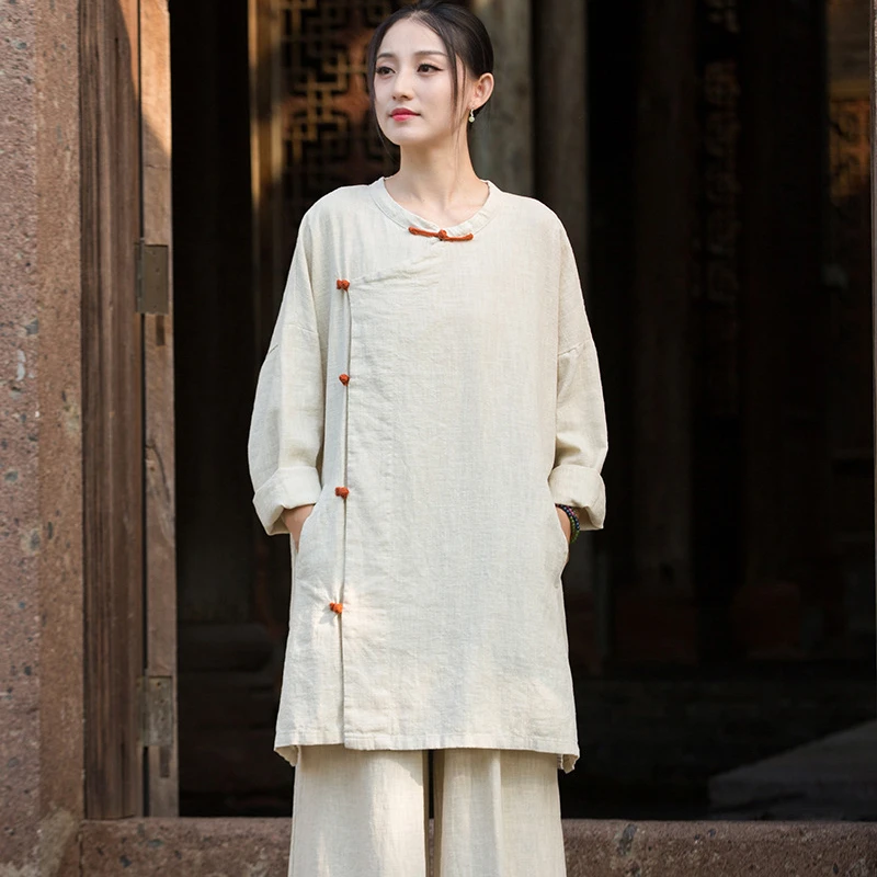 Chinese Style Women Cotton Linen Coats New Arrival 2025 Autumn Vintage O-neck Plain Color Loose Female Casual Jackets M1988