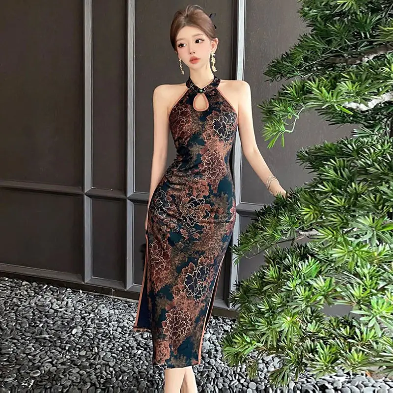 

50-150 кг, женское платье Cheongsam без рукавов с воротником-халтер, китайское платье для выпускного вечера с разрезом по бокам, облегающее длинное платье Ципао с принтом