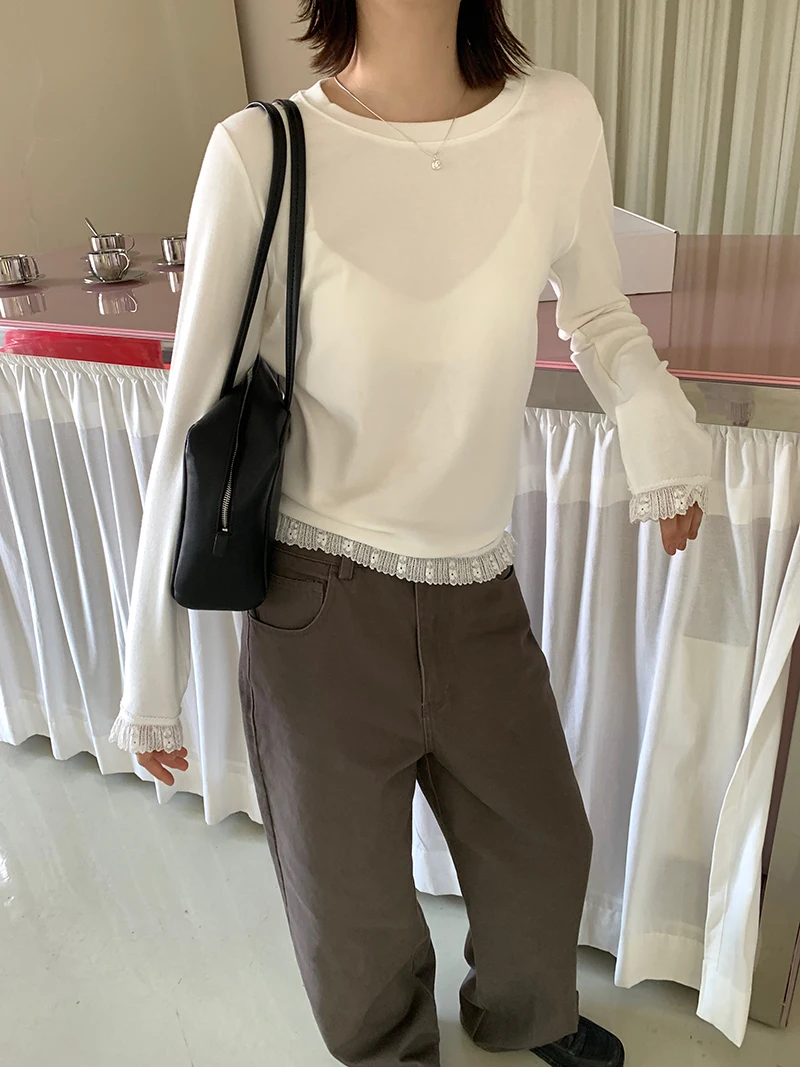 Women's Lace Long Sleeve Base Layer T-Shirt - Soft Solid Color