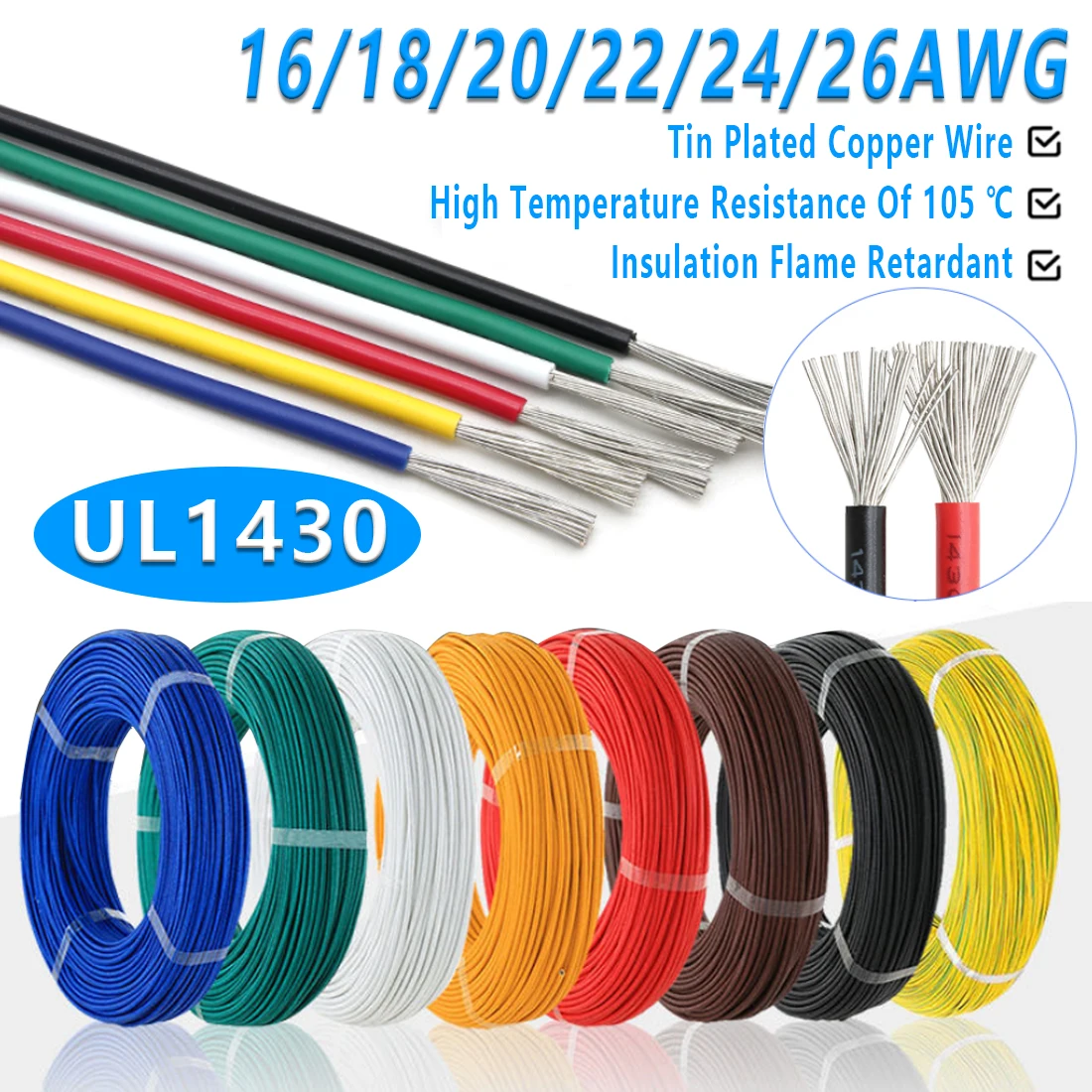 

UL1430 16/18/20/22/24/26AWG Tinned Copper Wire 300V DIY Electronic Wires Tinned Copper Cable LED Lamp Line Power Cord