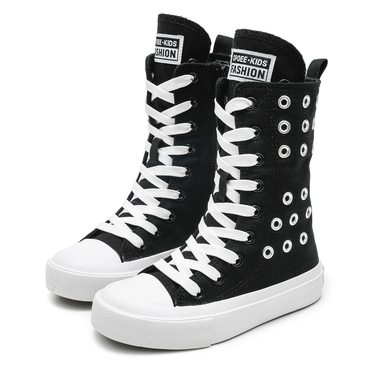 

5055 Children's breathable high top canvas shoes, boys' and girls' cloth shoes, solid color board shoes, lace up shoes soft sole