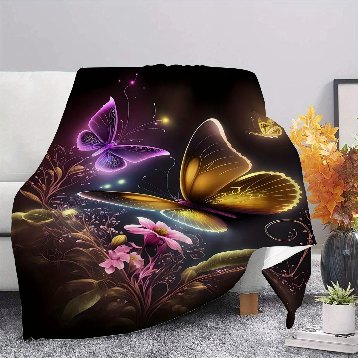 Soft, Warm, and Luminous Butterfly and Floral Flannel Shawl Blanket - Comfortable and Skin-Friendly, Suitable for Sofa, Bed, Tra