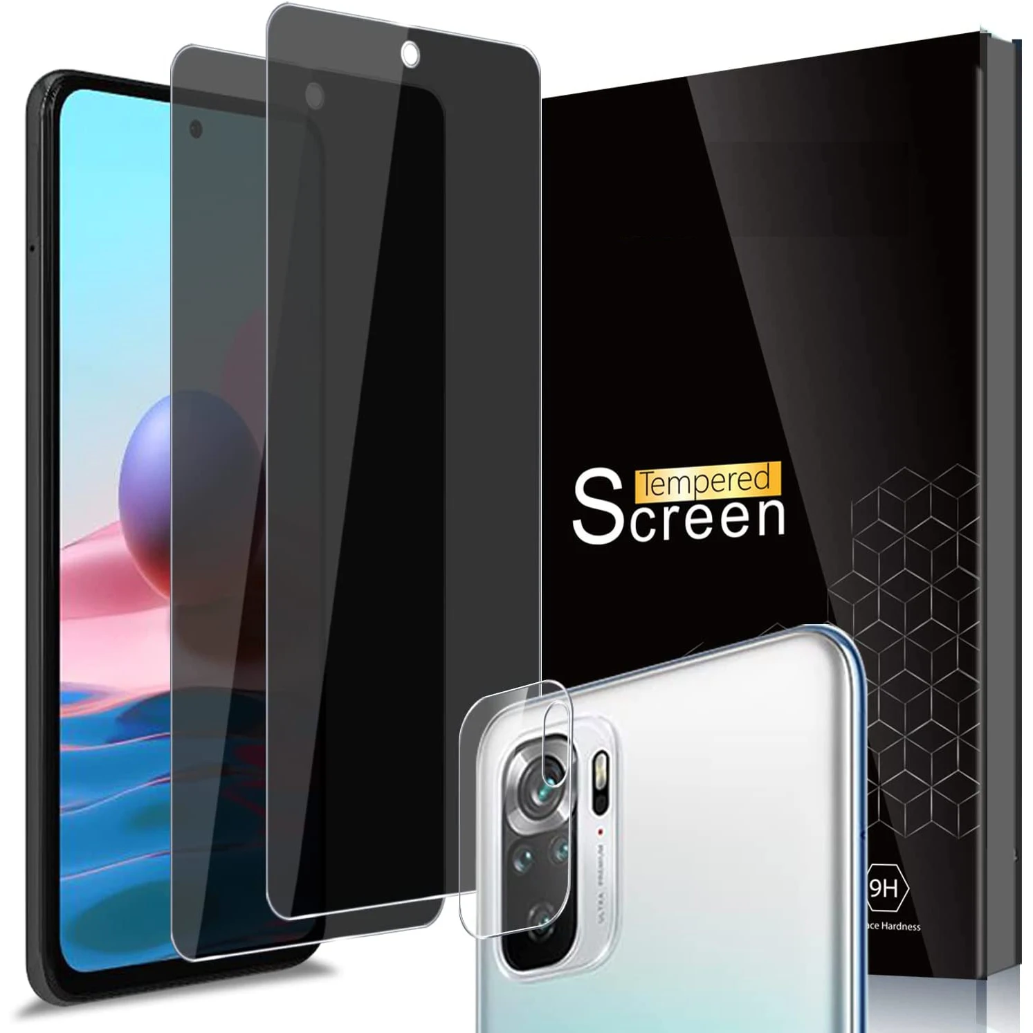 [2 Pack] Camera Lens Protector and [2 Pack] Tempered Glass Privacy Screen Protector for Xiaomi Redmi Note 10 / Redmi Note 10S