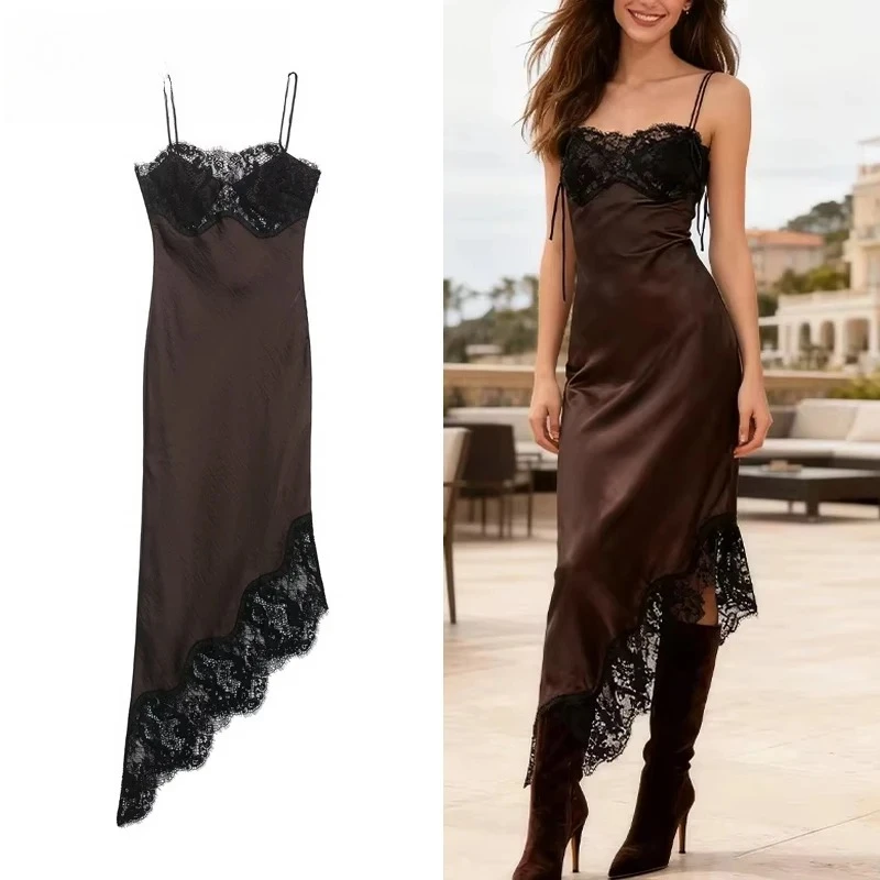 

ZHIO Lace Slip Midi Dress Woman Asymmetric Satin Womens Dresses Luxury Evening Dresses for Women Sexy Night Women's Dresses