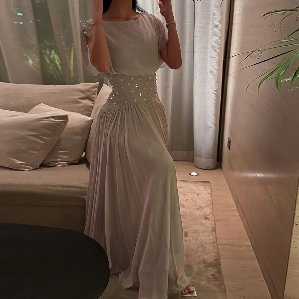 

Customized A-Line Evening Dresses Floor-Length Scoop-Neck Sleeveless Prom Gown Fashion Sequined Lace-Up Simple Draped Party Gown