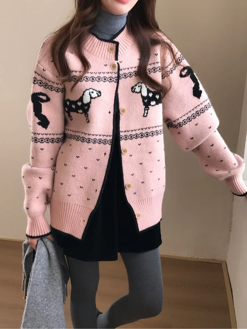 Retro Pink Jacquard Long-sleeve Knitted Cardigan Thickened Sweater Puppy Women's New Winter Korean Trendy Office Commute Outfit