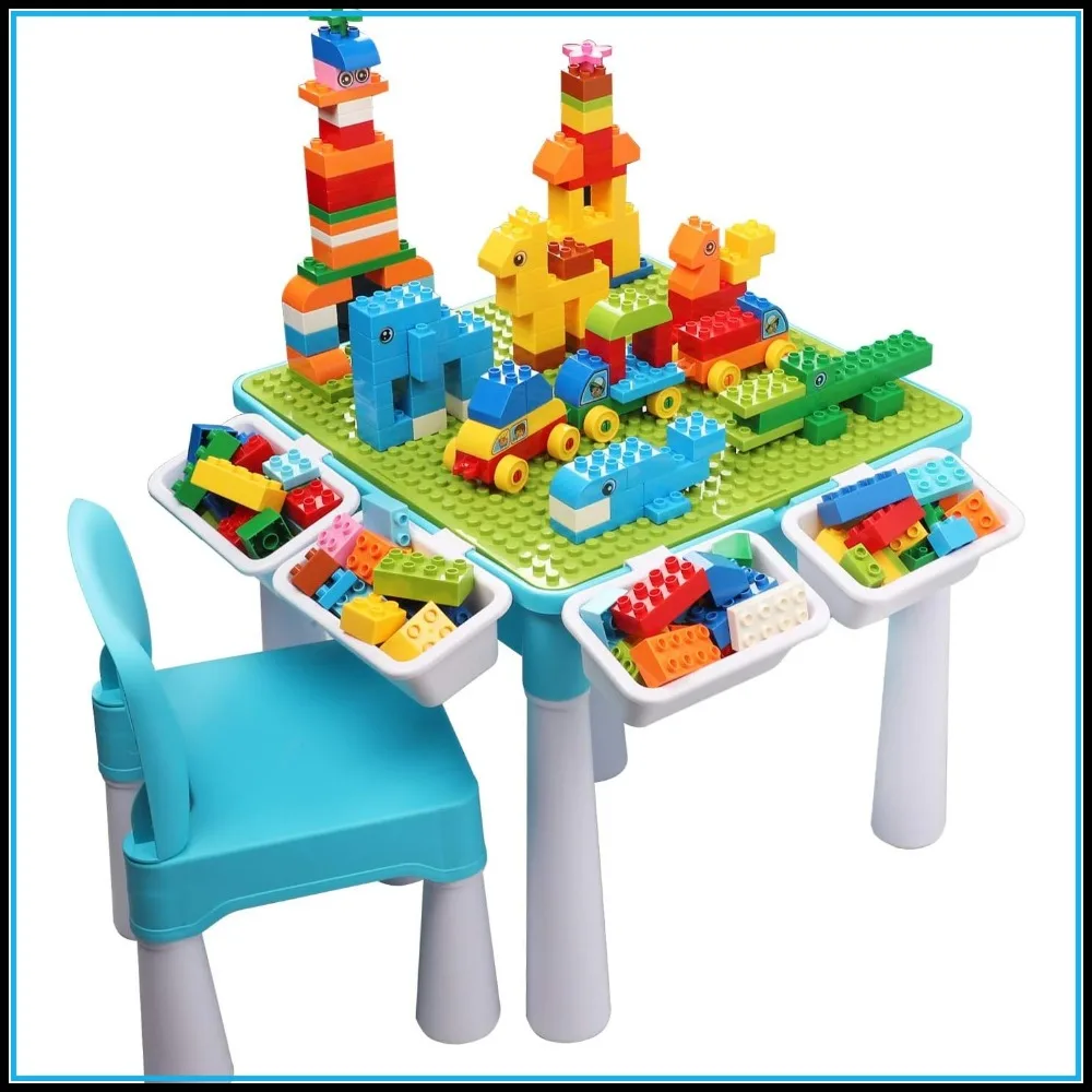 

5-in-1 Toddler Table and Chair Set，128PCS Building Blocks,Flip Top for Art,Sand&Water Play,Leak-Proof,ASTM Certified,Ages 2-4