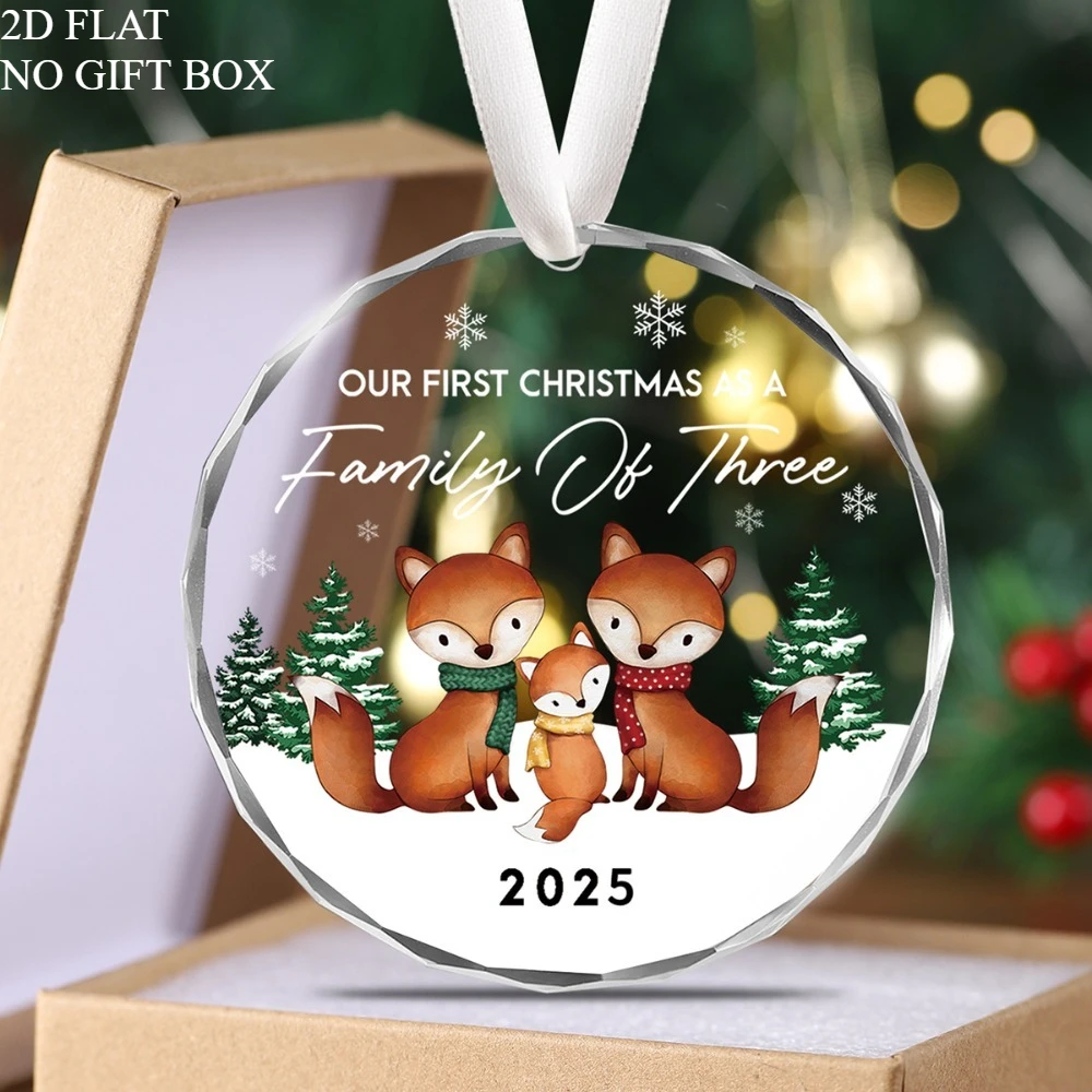 مسطح ثنائي الأبعاد، 1 كريستال ثلاثي الأجيال للعائلة أول زينة عيد الميلاد - تذكار كروي شفاف 8.0 سم مع عائلة الثعلب