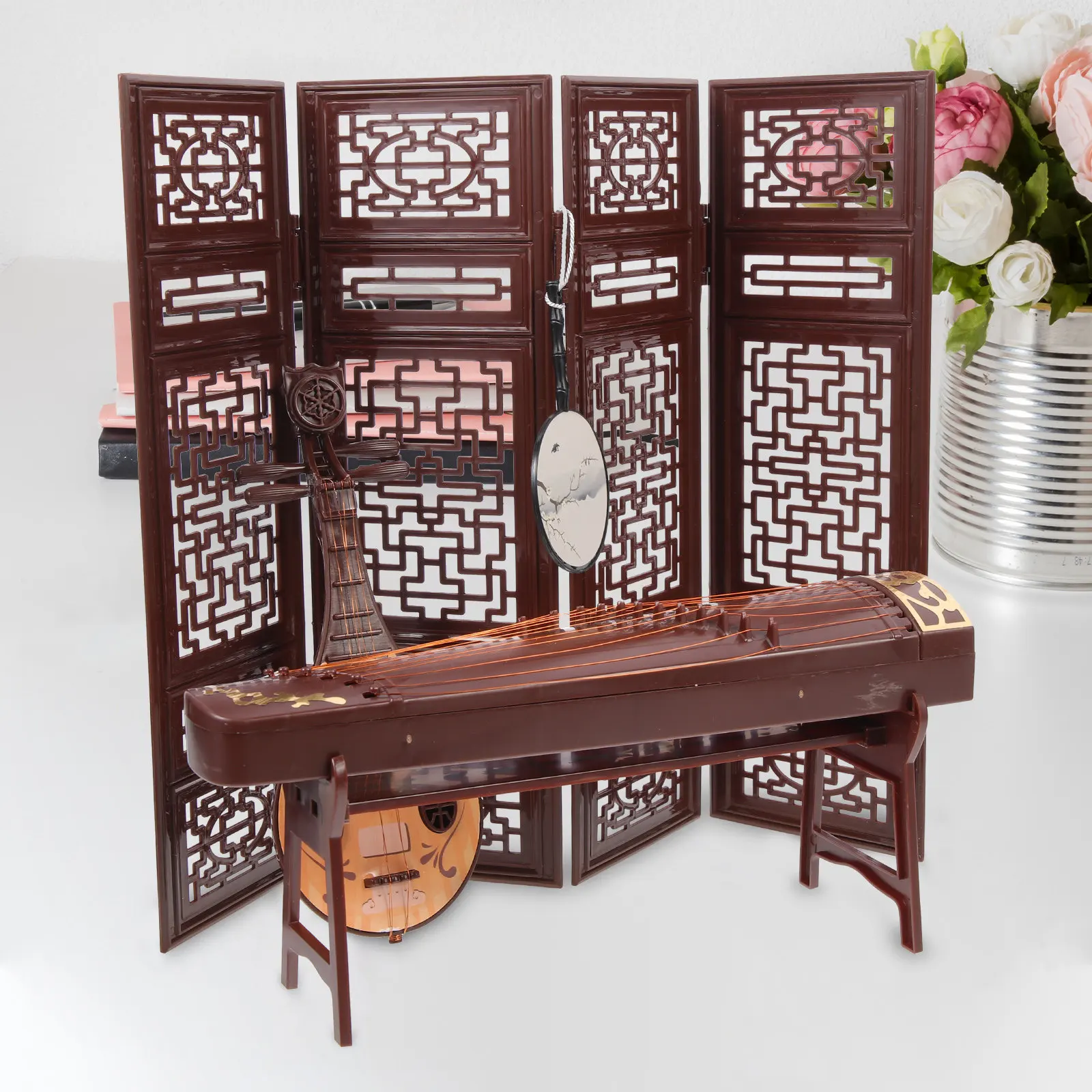 

4Pcs Premium Simulation Screen Guzheng Pipa Fan Miniature Instrument Prop for Photo Studio Bookshelf Desk Music Room Home Office