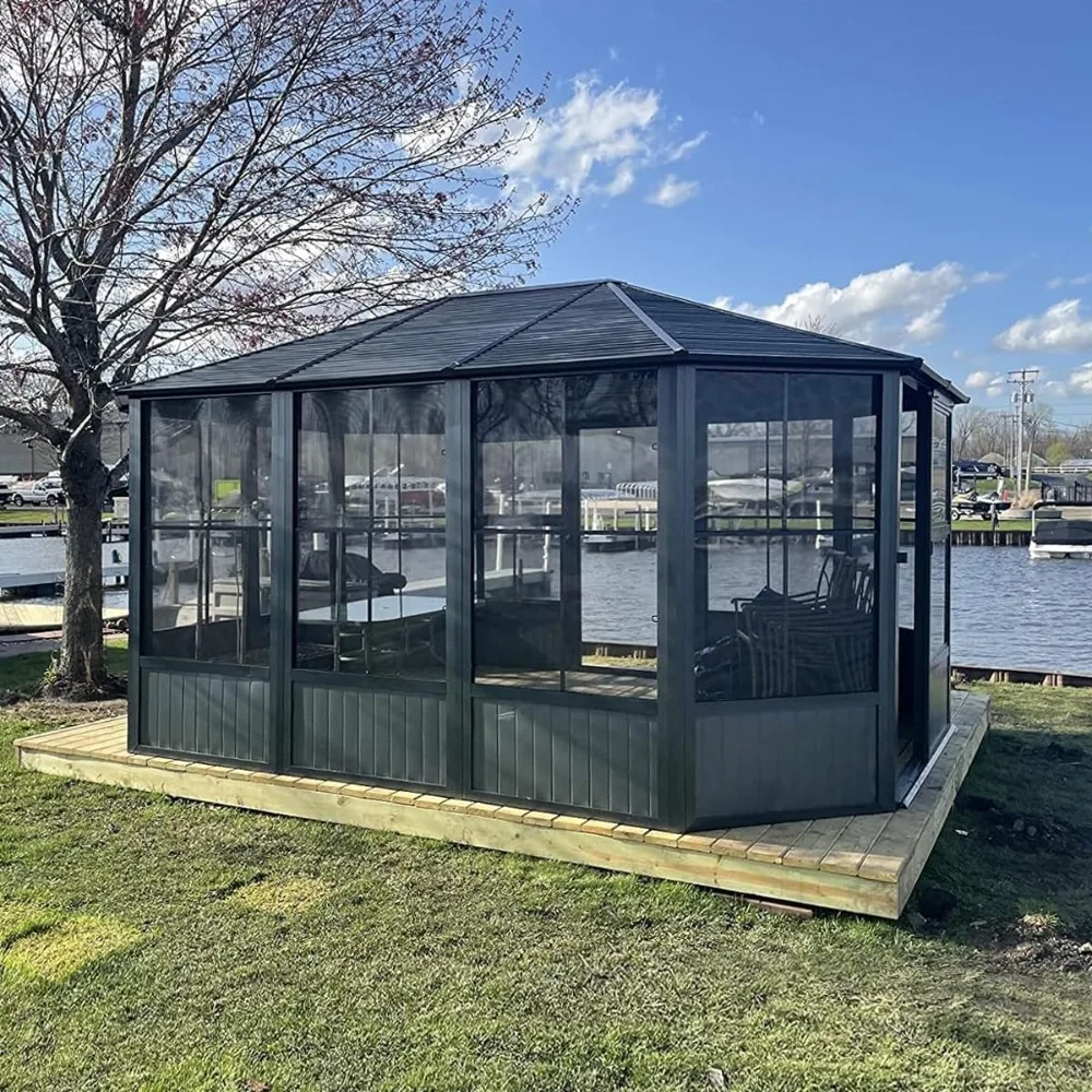 13 X 13 Octagonal Outdoor Pavilion, Enclosed with Lockable Sliding Doors, Movable PC Screen, and Galvanized Steel Sloping Roof