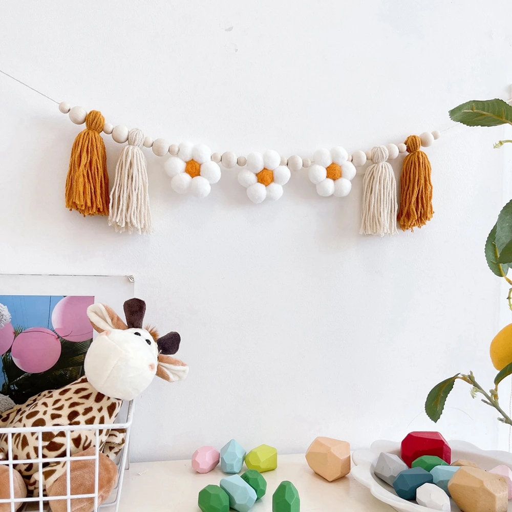 Boho Tassel Garland with Wooden Beads Daisy Home Decor Party Decorations Baby Shower Party Decor Daisy Birthday Party Banner