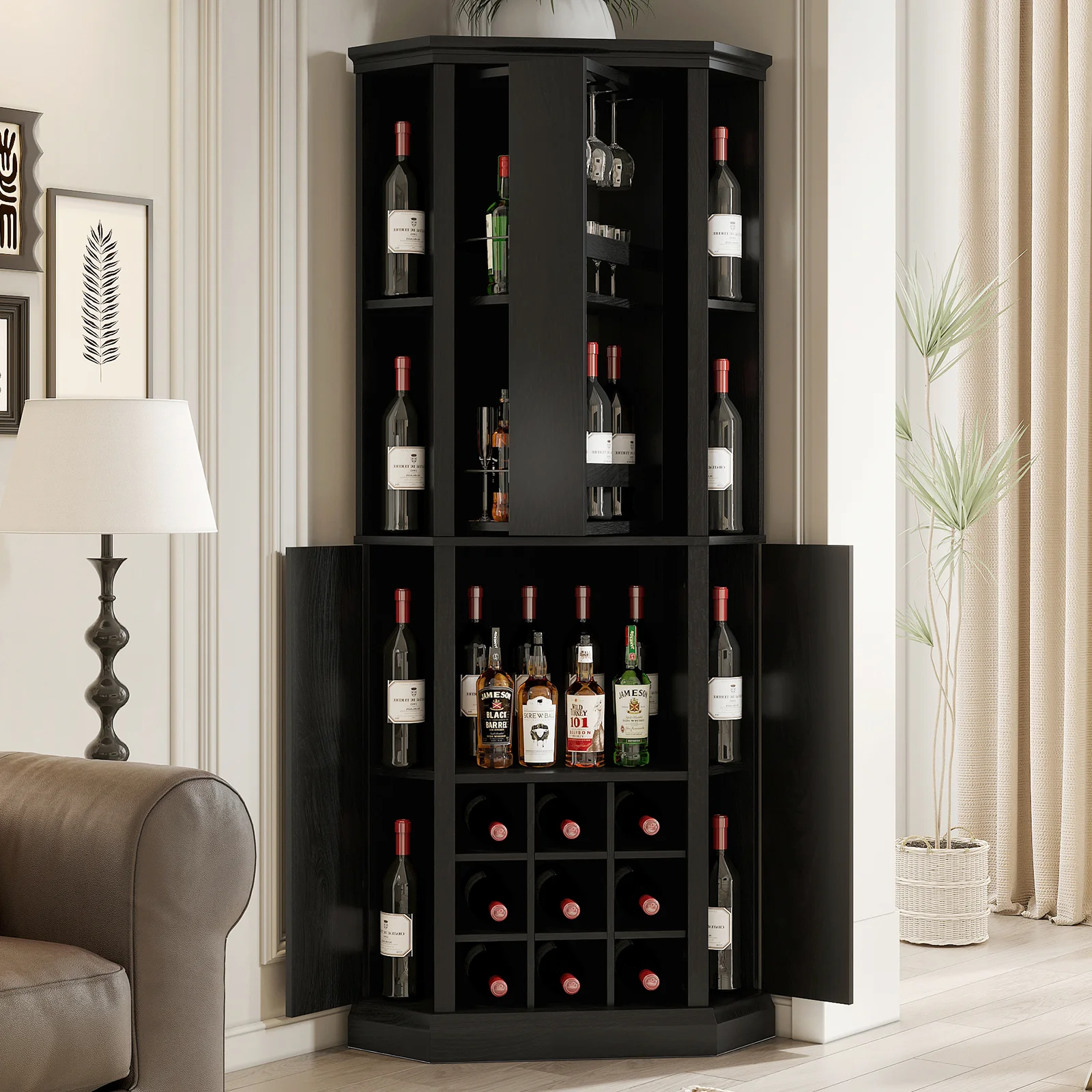 Corner Wine Cabinet with Rotating Glass Wine Rack, Farmhouse Bar Storage Cabinet with Cup Holders, Bar Cabinet for Dining Room