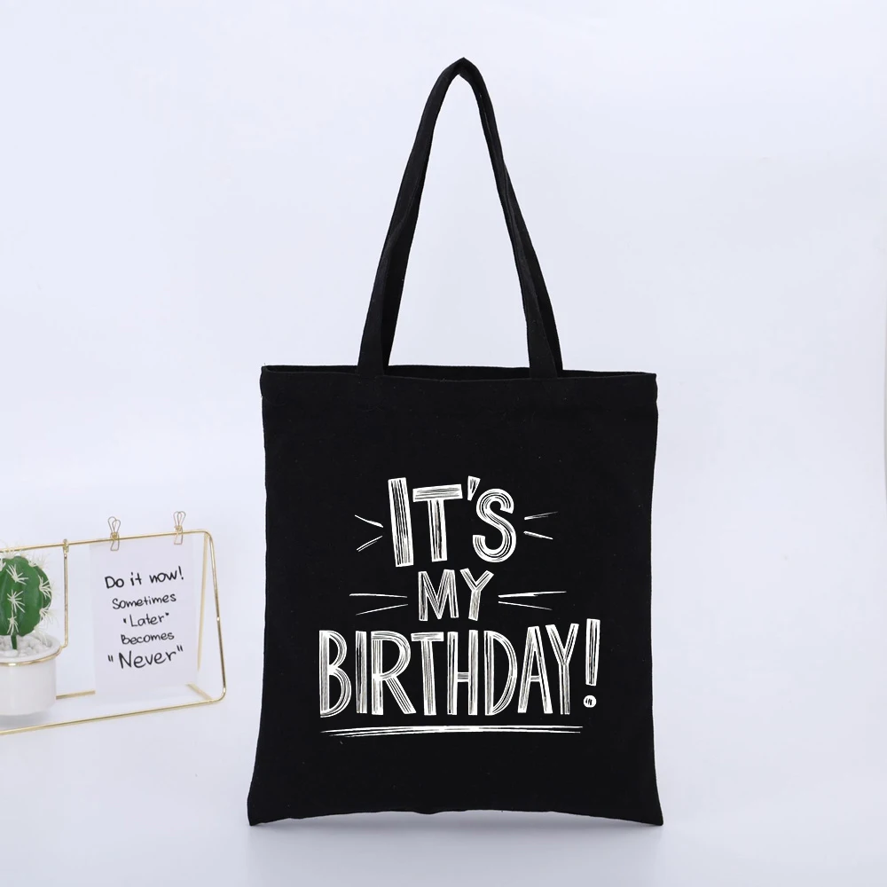 Black Canvas Tote Bag with Typography Print, Casual Style for Birthday Celebrations and Daily Use