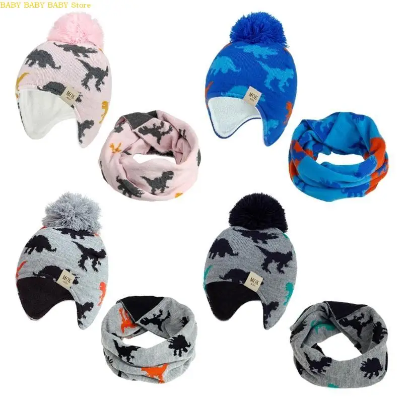 

Q81A Unisex Winter Hat Cartoon Dinosaur Beanie and Scarf Knitted Ski Windproof