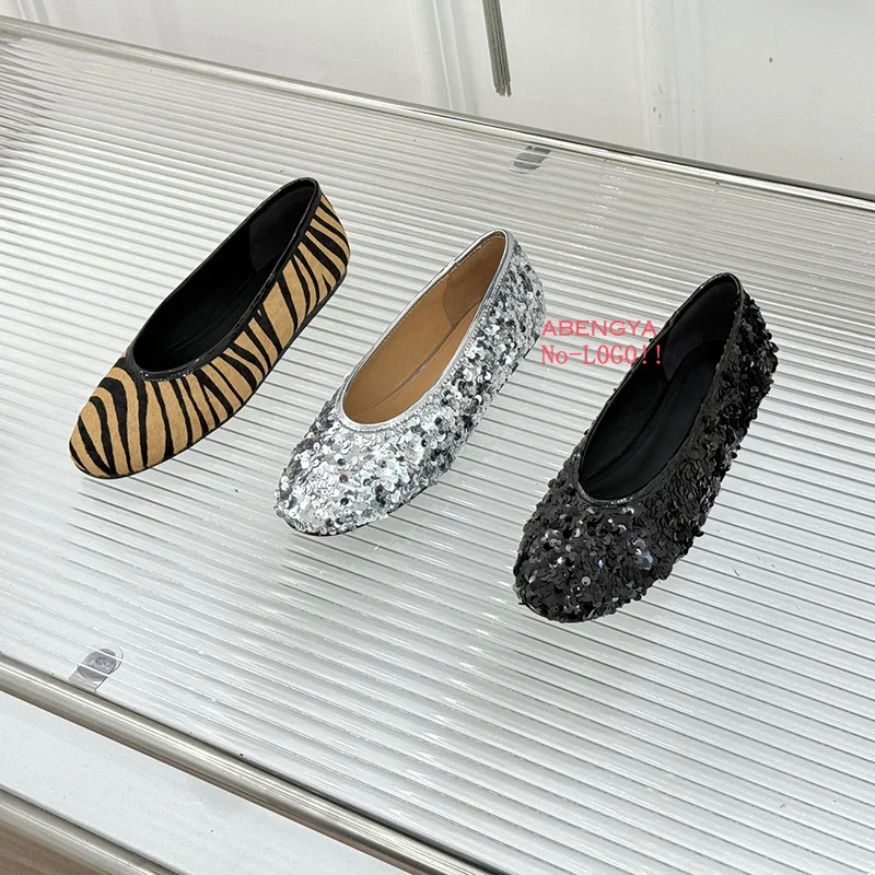 

Designer Horsehair Flat Ballet Shoes For Women Silver Bling Leather Mules Dress Shoes Spring Casual Party Vacation Shoes Woman