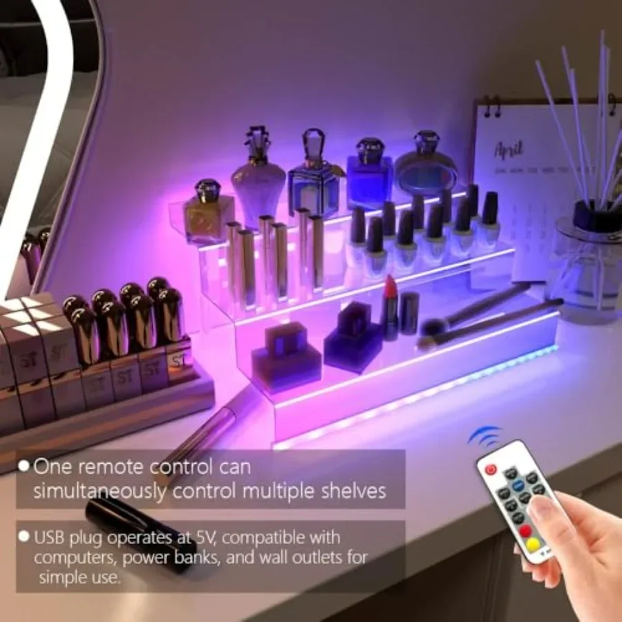 3 Tier Clear Acrylic Perfume Organizer with LED Nail Polish Rack and Cologne Holder for Bedroom or Bathroom Storage Transparent