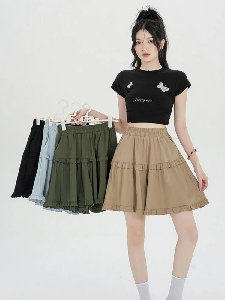 plus Size Khaki Ice Silk Wide Leg Short Skirt for Women Summer Loose High Waist A-Line  Skirt Pants Commute Friendly