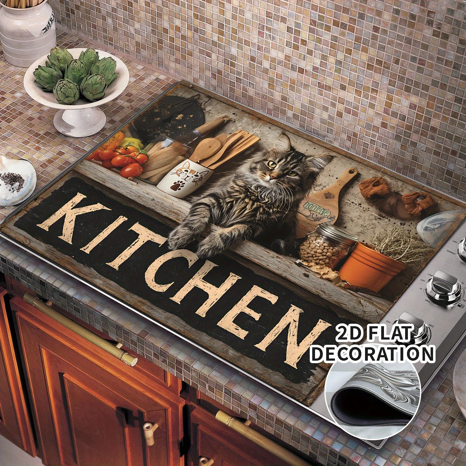 Cute Cat Kitchen Letter Stove Top Cover Heat Resistant Non Slip Protector Mat for Electric Cooktop Home Decor 2D Flat Pad
