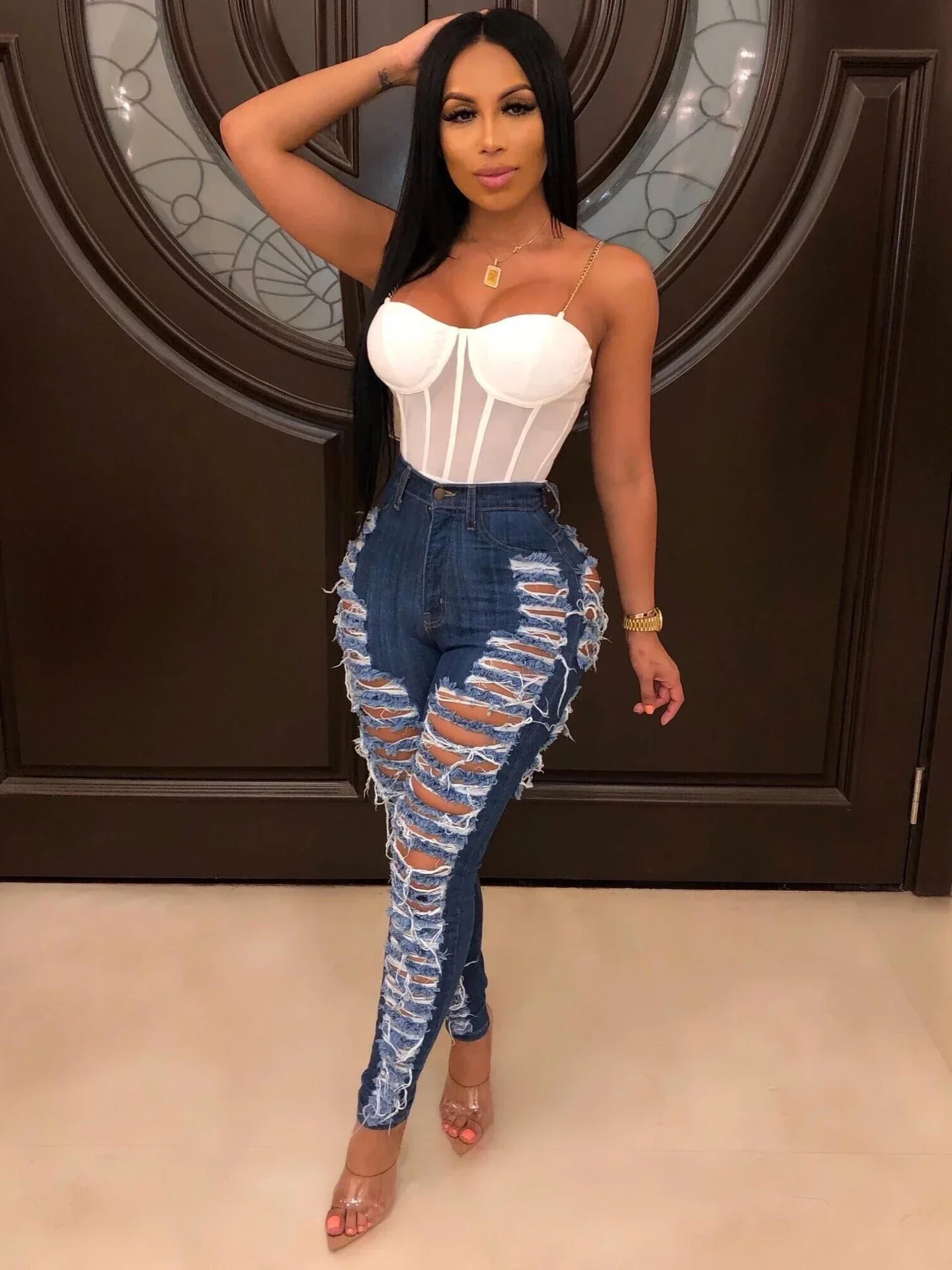 

Джинсовые брюки женские ретро однотонные сексуальные джинсы с дырками рваные брюки-клеш уличные узкие женские брюки с высокой талией